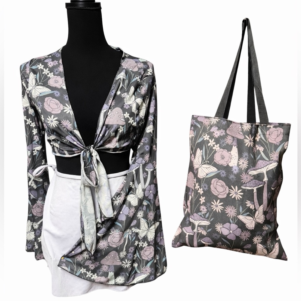 Mushrooms Butterfly and Floral Print Tote Bag with matching cardigan